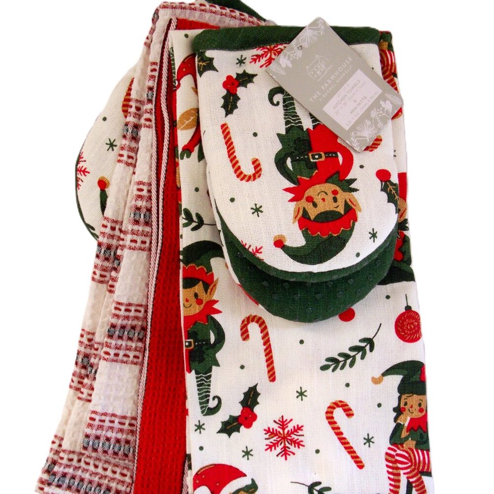 Rachel Ashwell 5 Pc Kitchen Set 3 Dish Towels 2 Mini Mitts Christmas Holiday Elf
